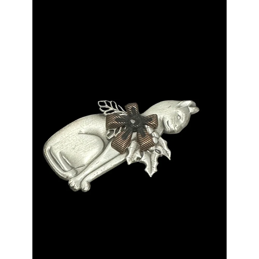 Vintage  Feline Brooch Pin Silver & Copper Tone  Christmas Holly